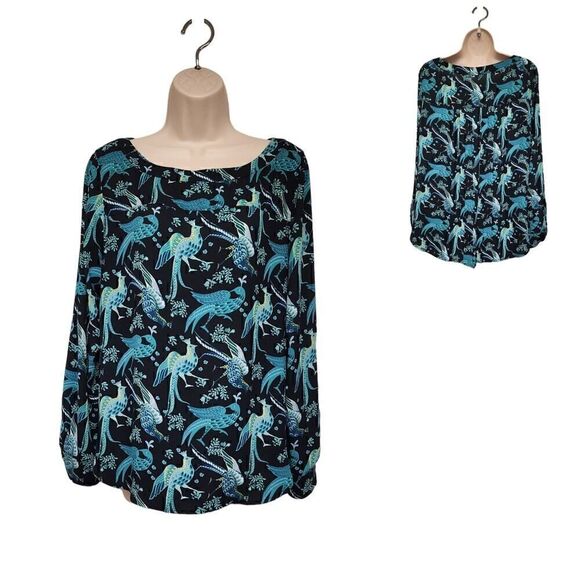 ANN TAYLOR LOFT PEACOCK PRINT SCOOP NECK LONG SLEEVE BLOUSE TEAL/BLACK SMALL - Picture 1 of 9